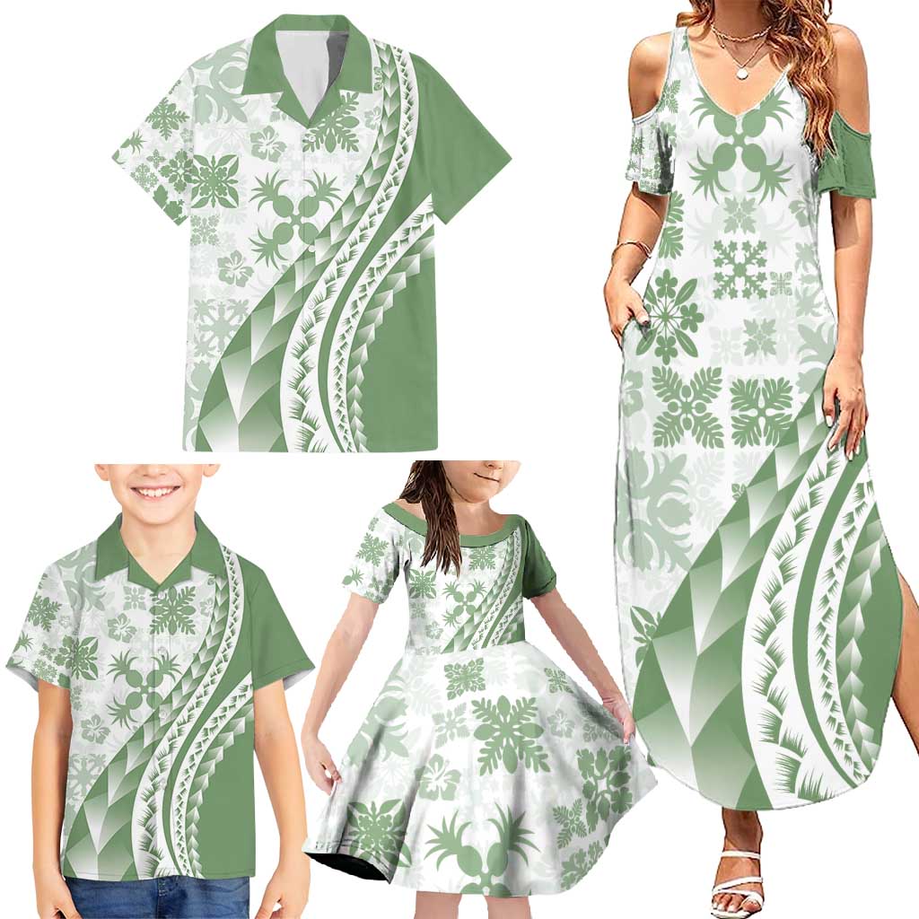 Green Hawaiian Quilt Pattern Family Matching Summer Maxi Dress and Hawaiian Shirt Mixed Polynesian Tribal Arty LT9 - Polynesian Pride