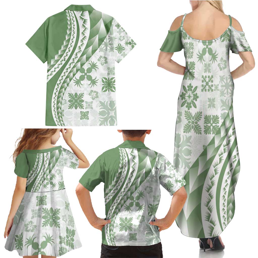 Green Hawaiian Quilt Pattern Family Matching Summer Maxi Dress and Hawaiian Shirt Mixed Polynesian Tribal Arty LT9 - Polynesian Pride