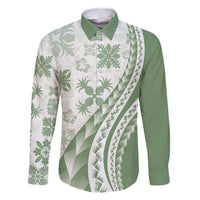 Green Hawaiian Quilt Pattern Family Matching Tank Maxi Dress and Hawaiian Shirt Mixed Polynesian Tribal Arty LT9 Dad's Shirt - Long Sleeve Green - Polynesian Pride