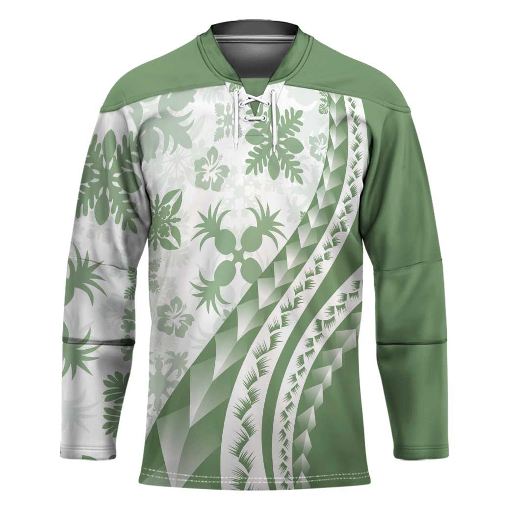 Green Hawaiian Quilt Pattern Hockey Jersey Mixed Polynesian Tribal Arty - Polynesian Pride