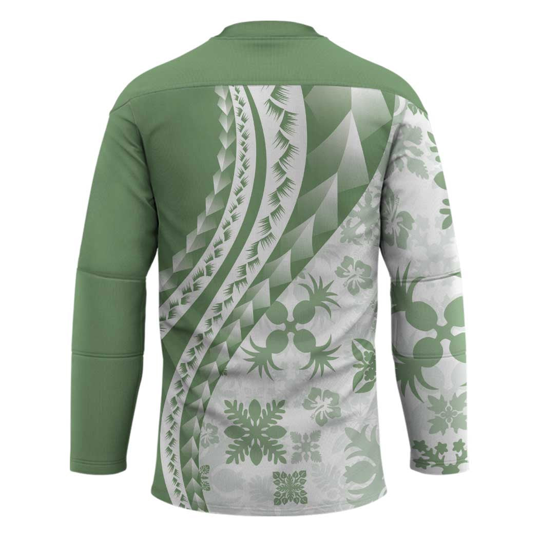 Green Hawaiian Quilt Pattern Hockey Jersey Mixed Polynesian Tribal Arty - Polynesian Pride