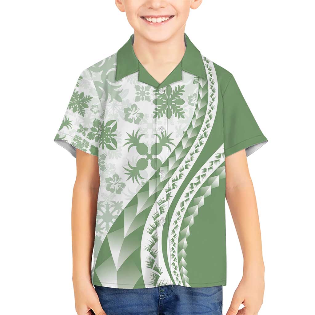 Green Hawaiian Quilt Pattern Kid Hawaiian Shirt Mixed Polynesian Tribal Arty LT9 Kid Green - Polynesian Pride