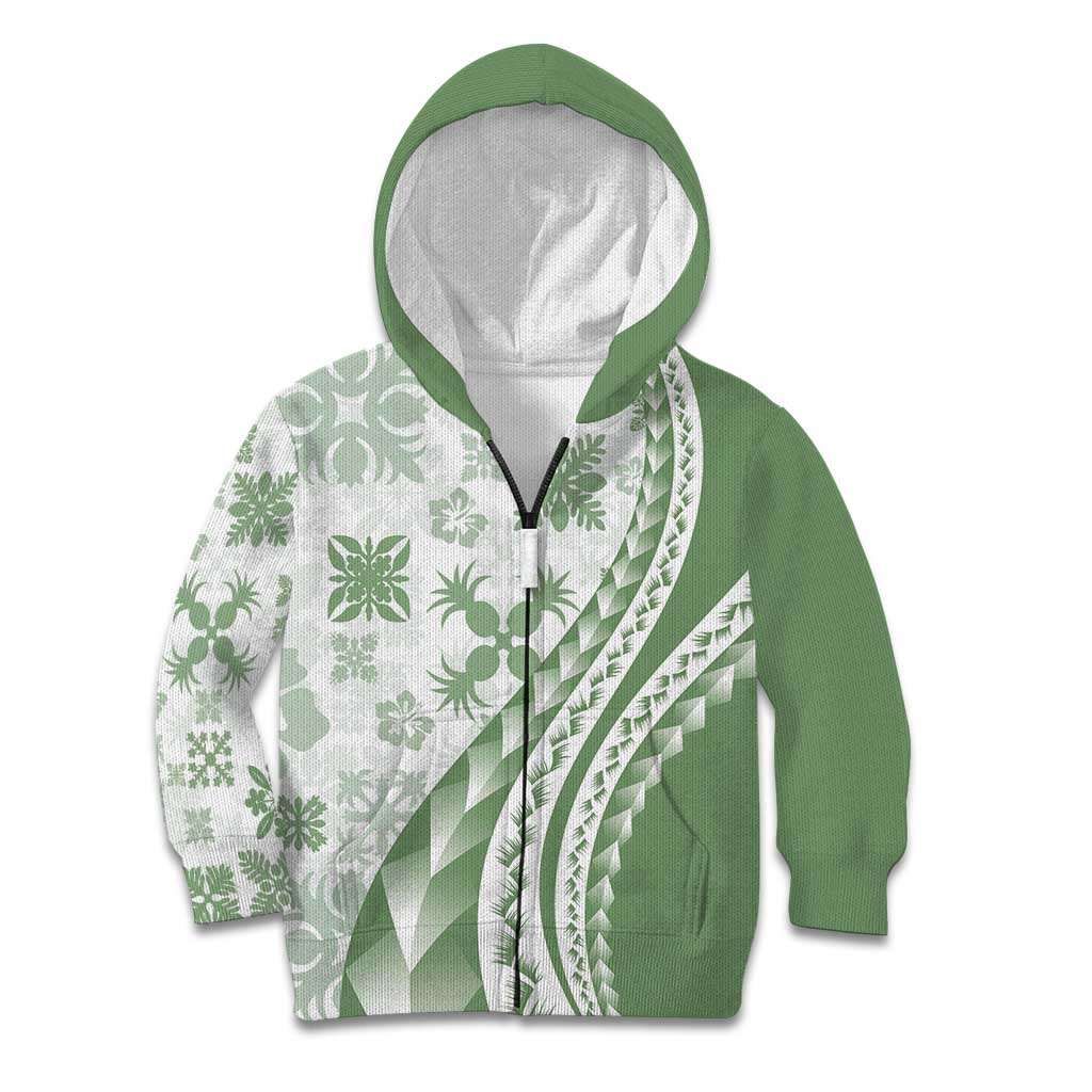 Green Hawaiian Quilt Pattern Kid Hoodie Mixed Polynesian Tribal Arty LT9 Zip Hoodie Green - Polynesian Pride
