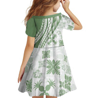 Green Hawaiian Quilt Pattern Kid Short Sleeve Dress Mixed Polynesian Tribal Arty