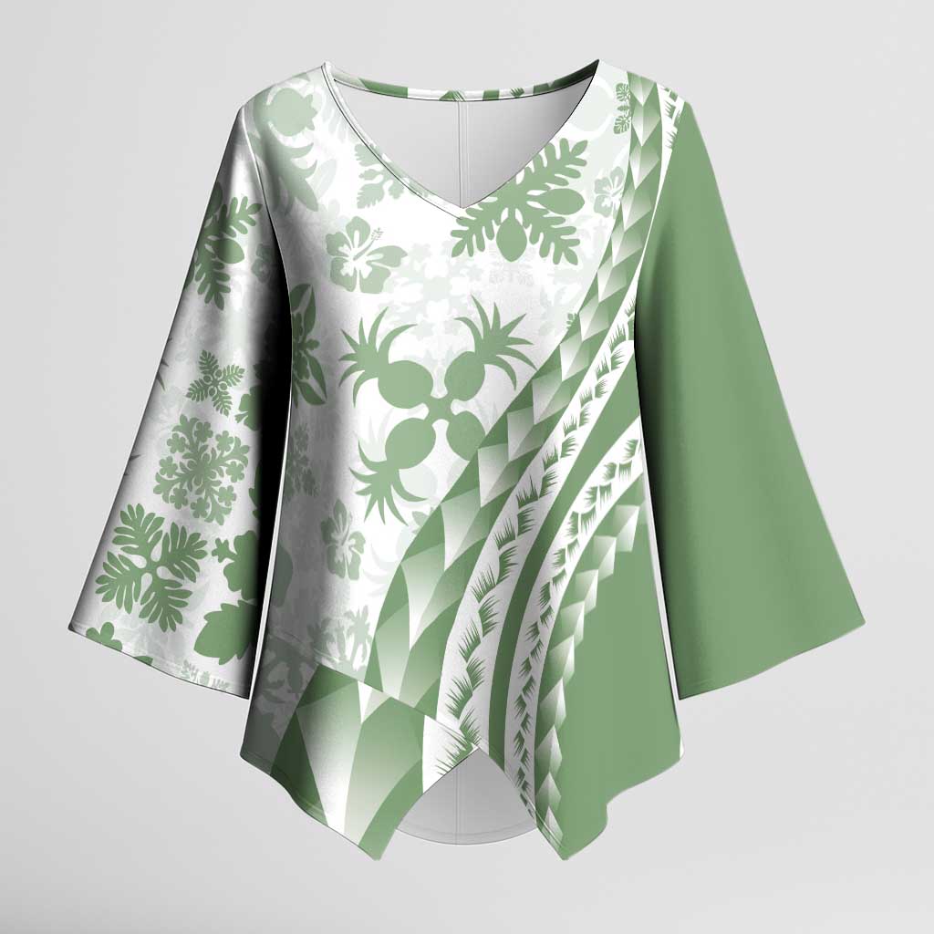 Green Hawaiian Quilt Pattern Kimono Sleeve Blouse Mixed Polynesian Tribal Arty LT9 Female Green - Polynesian Pride