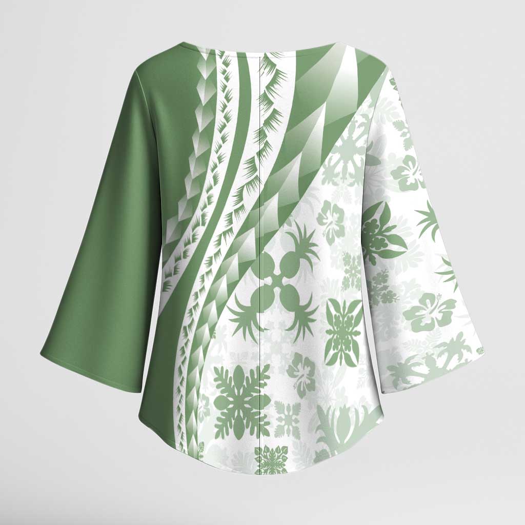 Green Hawaiian Quilt Pattern Kimono Sleeve Blouse Mixed Polynesian Tribal Arty LT9 - Polynesian Pride