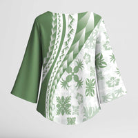 Green Hawaiian Quilt Pattern Kimono Sleeve Blouse Mixed Polynesian Tribal Arty LT9 - Polynesian Pride