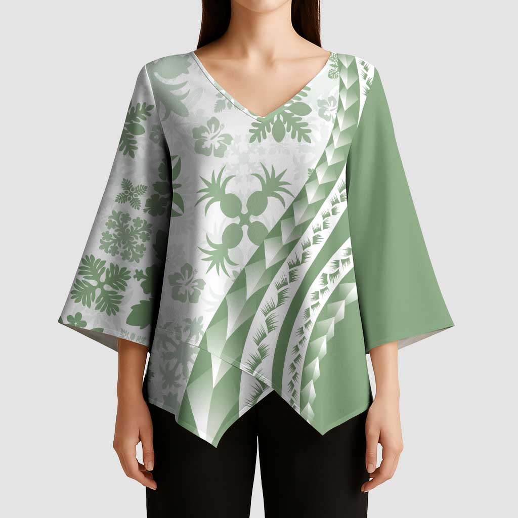 Green Hawaiian Quilt Pattern Kimono Sleeve Blouse Mixed Polynesian Tribal Arty LT9 - Polynesian Pride