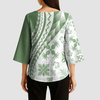 Green Hawaiian Quilt Pattern Kimono Sleeve Blouse Mixed Polynesian Tribal Arty LT9 - Polynesian Pride