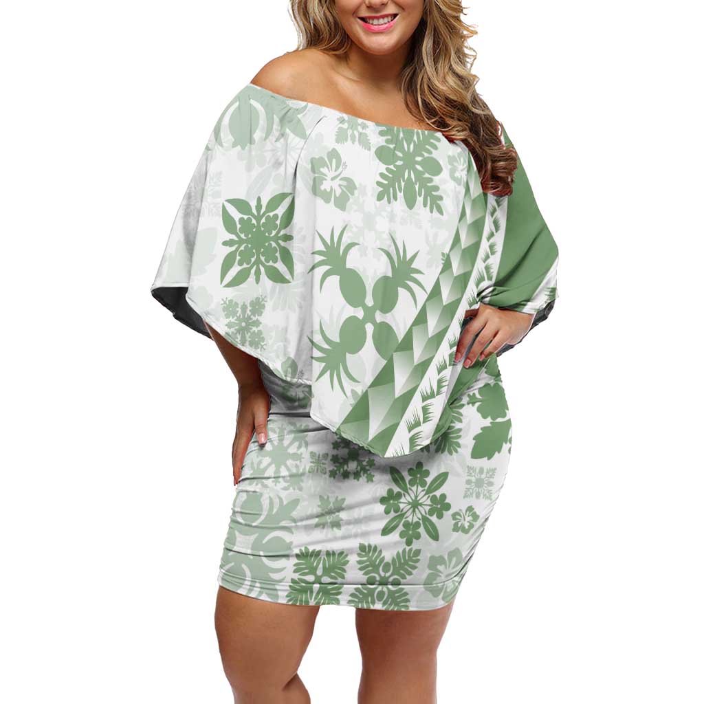 Green Hawaiian Quilt Pattern Off Shoulder Short Dress Mixed Polynesian Tribal Arty LT9 Women Green - Polynesian Pride