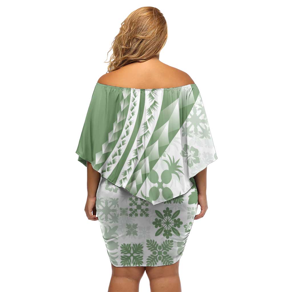 Green Hawaiian Quilt Pattern Off Shoulder Short Dress Mixed Polynesian Tribal Arty LT9 - Polynesian Pride