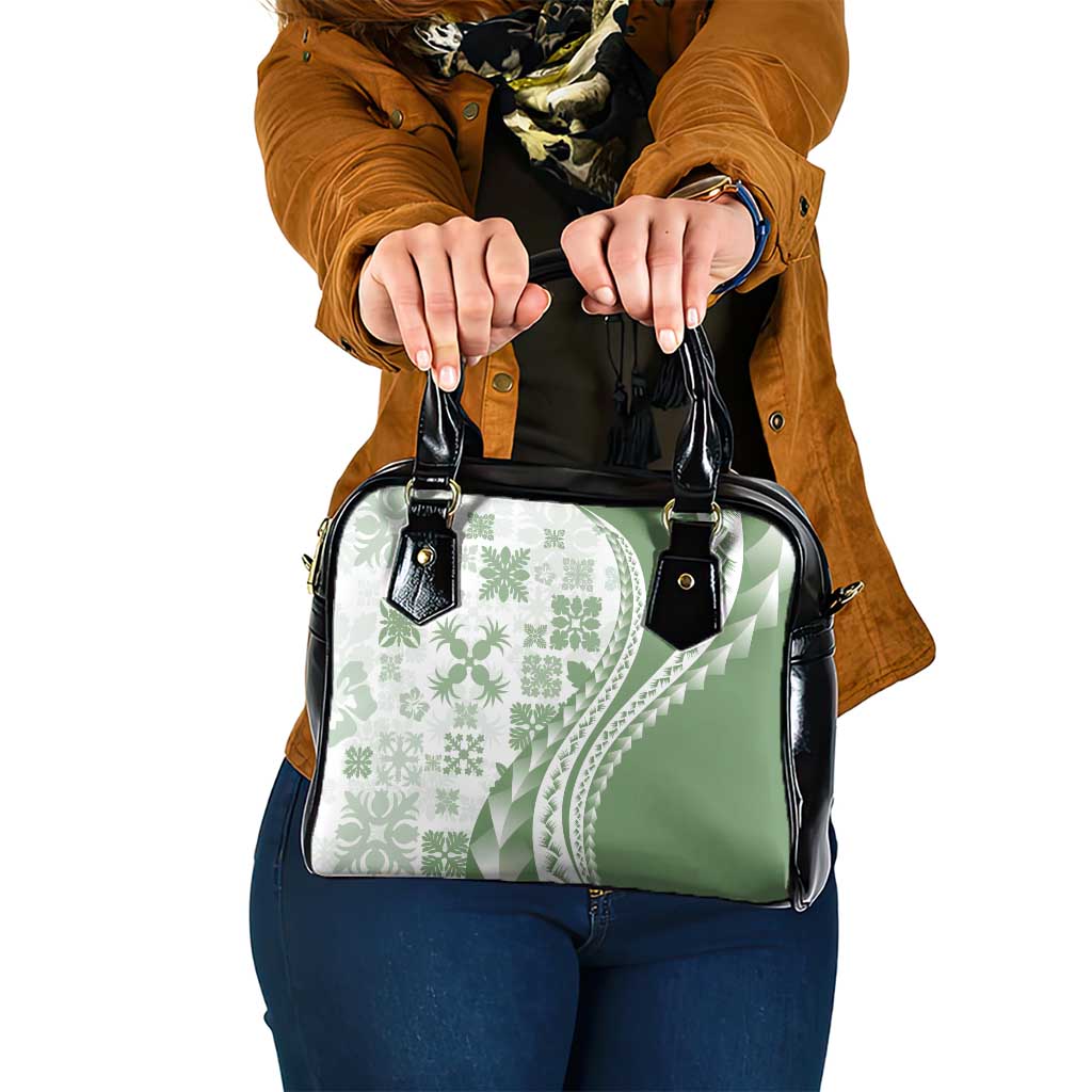 Green Hawaiian Quilt Pattern Shoulder Handbag Mixed Polynesian Tribal Arty