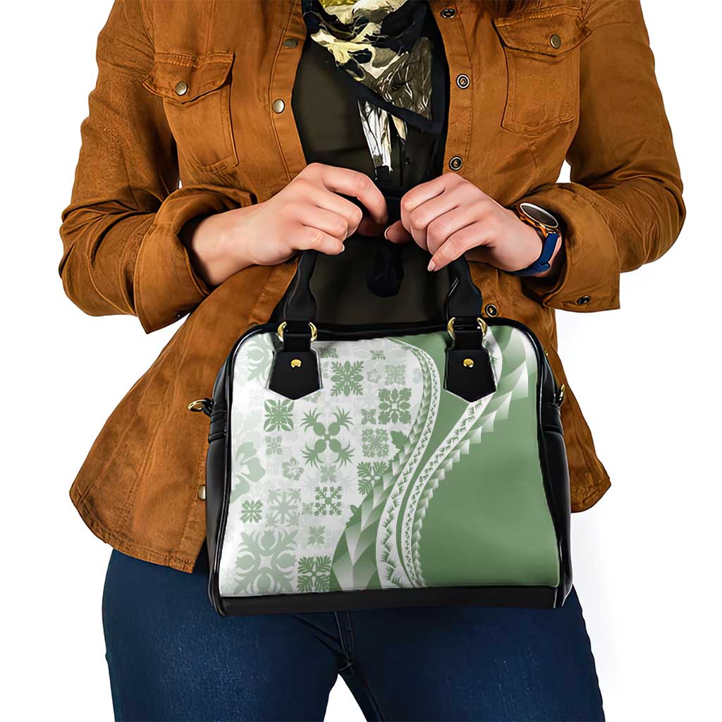 Green Hawaiian Quilt Pattern Shoulder Handbag Mixed Polynesian Tribal Arty