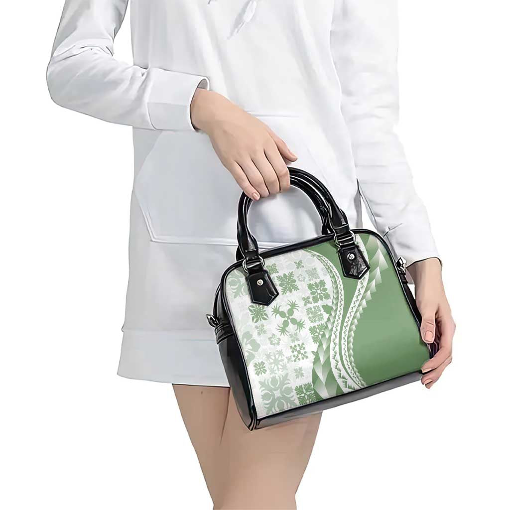 Green Hawaiian Quilt Pattern Shoulder Handbag Mixed Polynesian Tribal Arty
