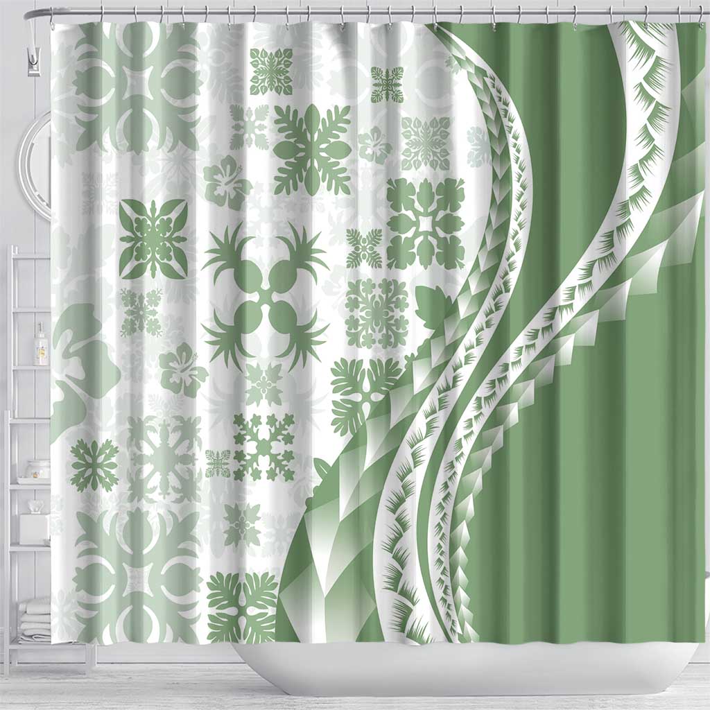 Green Hawaiian Quilt Pattern Shower Curtain Mixed Polynesian Tribal Arty