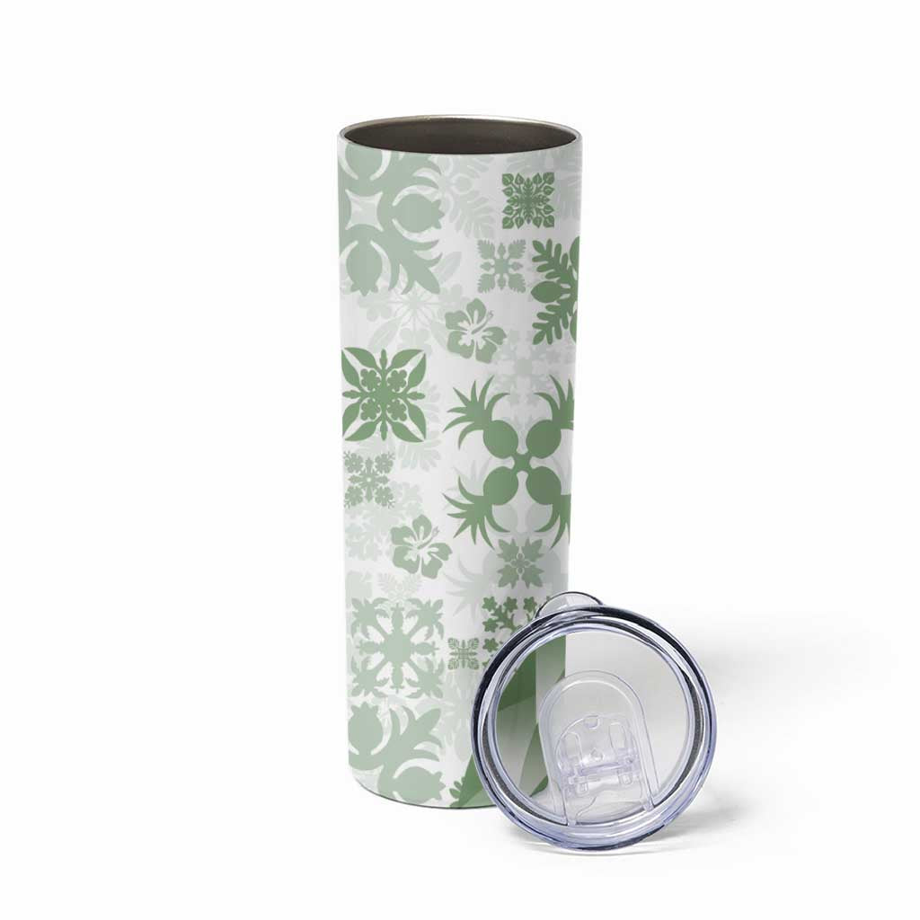 Green Hawaiian Quilt Pattern Skinny Tumbler Mixed Polynesian Tribal Arty