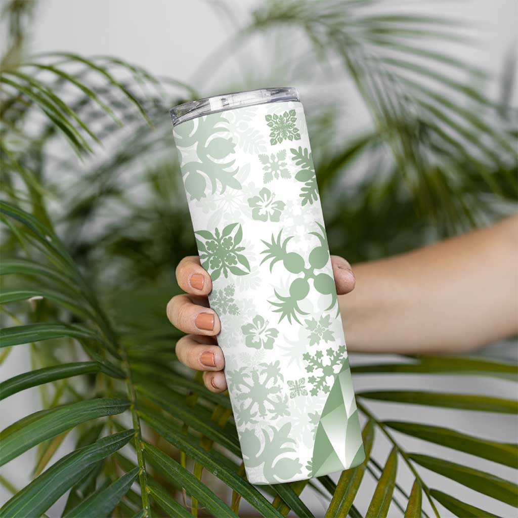 Green Hawaiian Quilt Pattern Skinny Tumbler Mixed Polynesian Tribal Arty