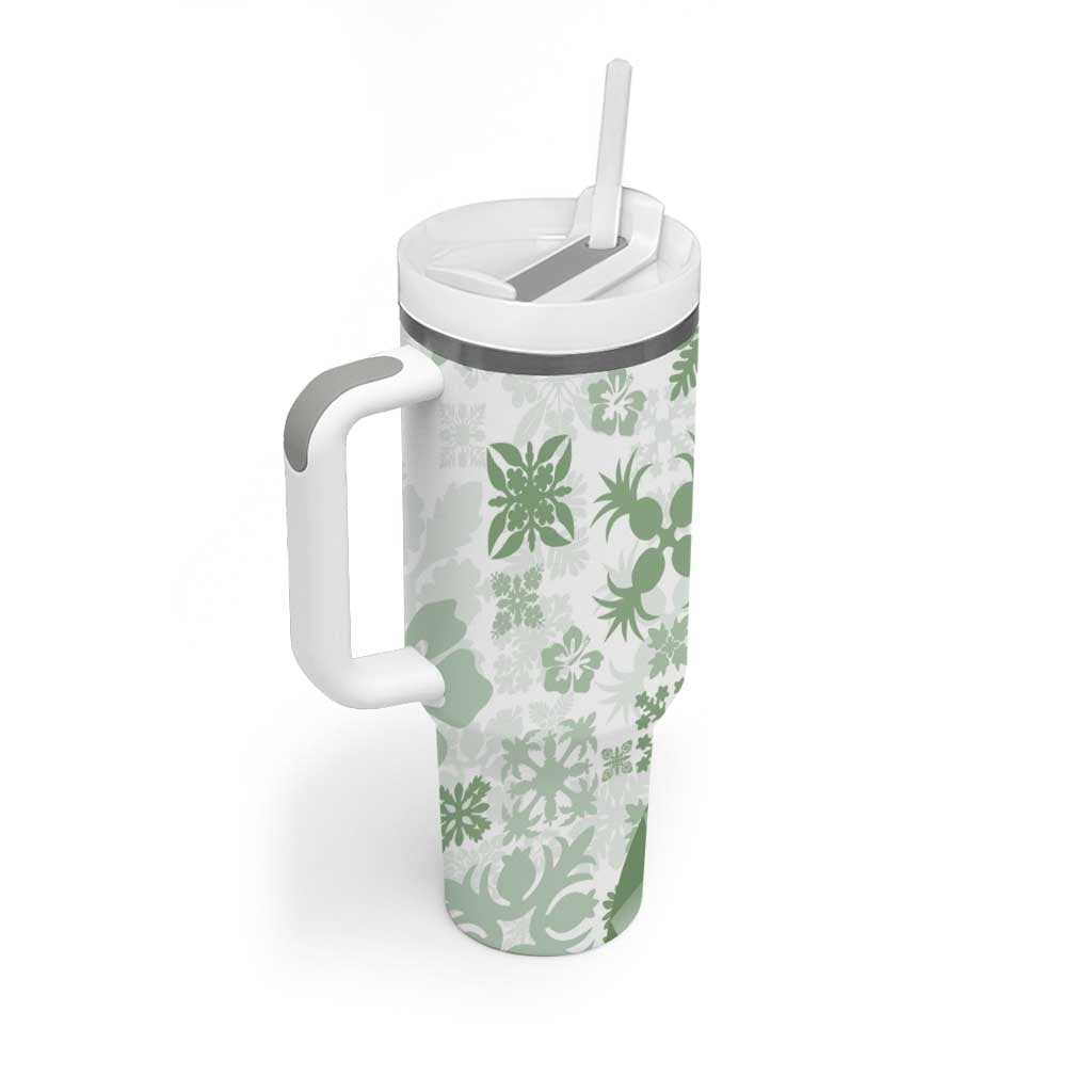 Green Hawaiian Quilt Pattern Tumbler With Handle Mixed Polynesian Tribal Arty