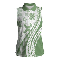 Green Hawaiian Quilt Pattern Women Sleeveless Polo Shirt Mixed Polynesian Tribal Arty LT9 Female Green - Polynesian Pride