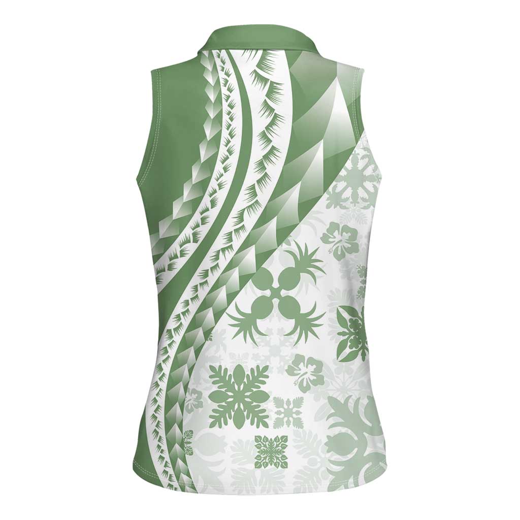 Green Hawaiian Quilt Pattern Women Sleeveless Polo Shirt Mixed Polynesian Tribal Arty LT9 - Polynesian Pride