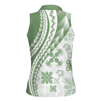 Green Hawaiian Quilt Pattern Women Sleeveless Polo Shirt Mixed Polynesian Tribal Arty LT9 - Polynesian Pride