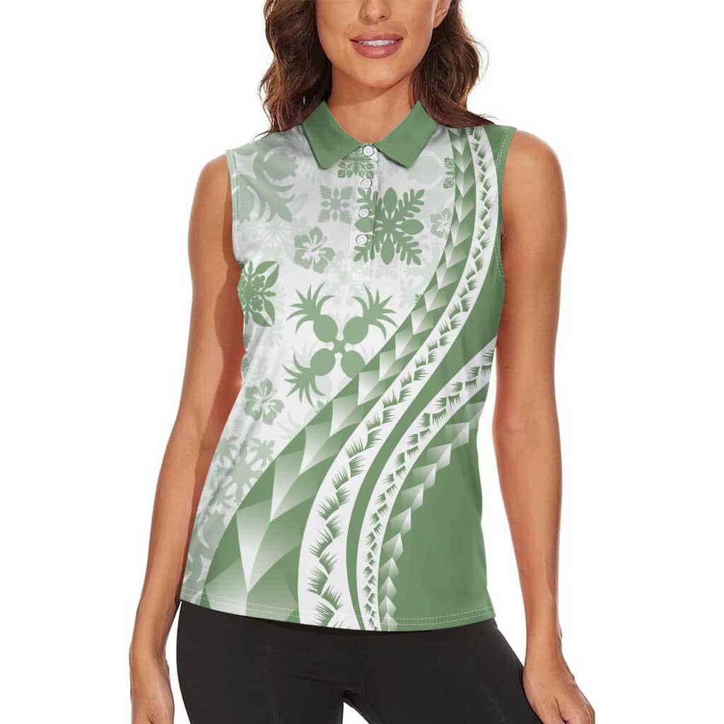 Green Hawaiian Quilt Pattern Women Sleeveless Polo Shirt Mixed Polynesian Tribal Arty LT9 - Polynesian Pride