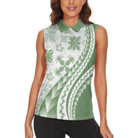 Green Hawaiian Quilt Pattern Women Sleeveless Polo Shirt Mixed Polynesian Tribal Arty LT9 - Polynesian Pride