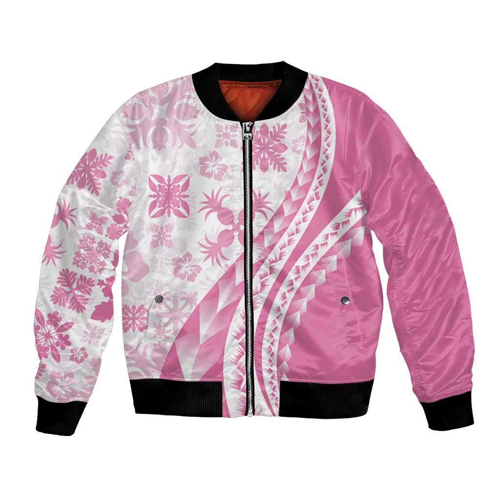 Pink Hawaiian Quilt Pattern Bomber Jacket Mixed Polynesian Tribal Arty LT9 Unisex Pink - Polynesian Pride