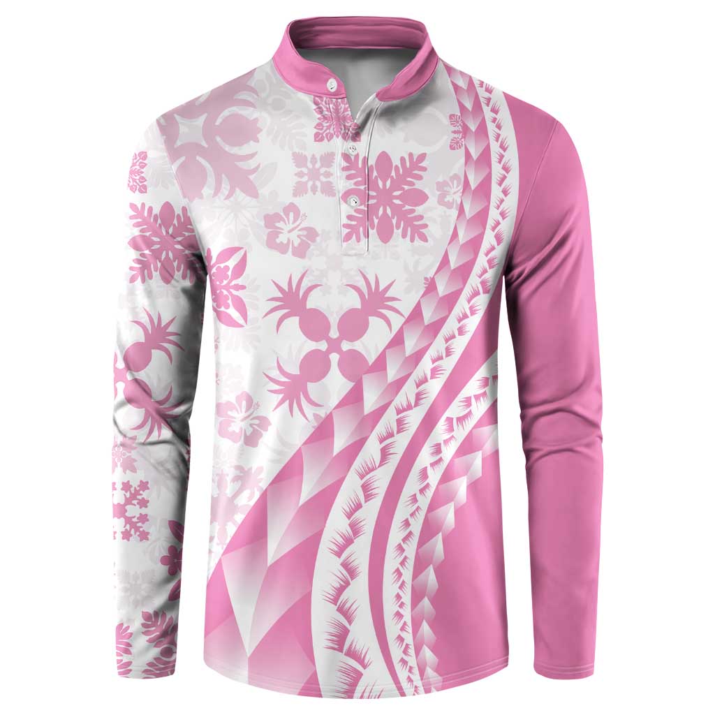 Pink Hawaiian Quilt Pattern Button Sweatshirt Mixed Polynesian Tribal Arty