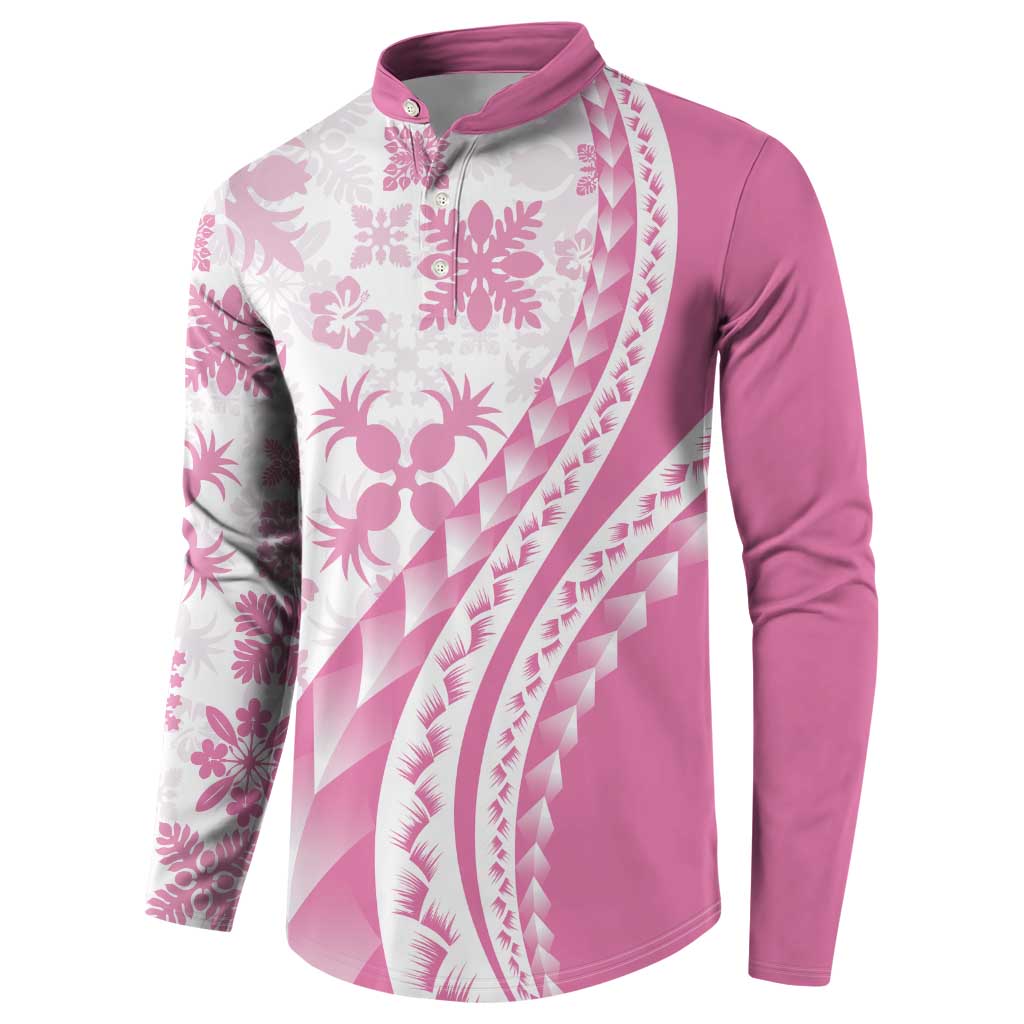 Pink Hawaiian Quilt Pattern Button Sweatshirt Mixed Polynesian Tribal Arty