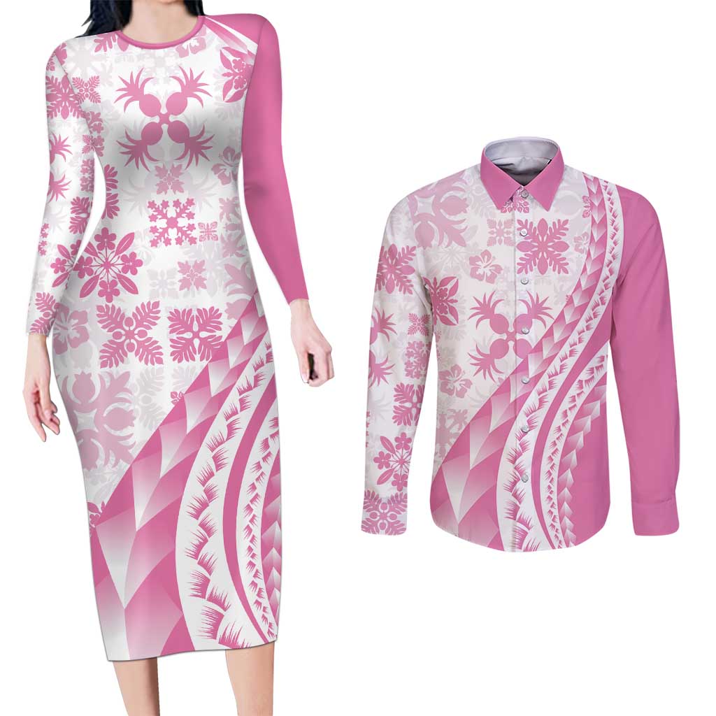 Pink Hawaiian Quilt Pattern Couples Matching Long Sleeve Bodycon Dress and Long Sleeve Button Shirt Mixed Polynesian Tribal Arty LT9 Pink - Polynesian Pride