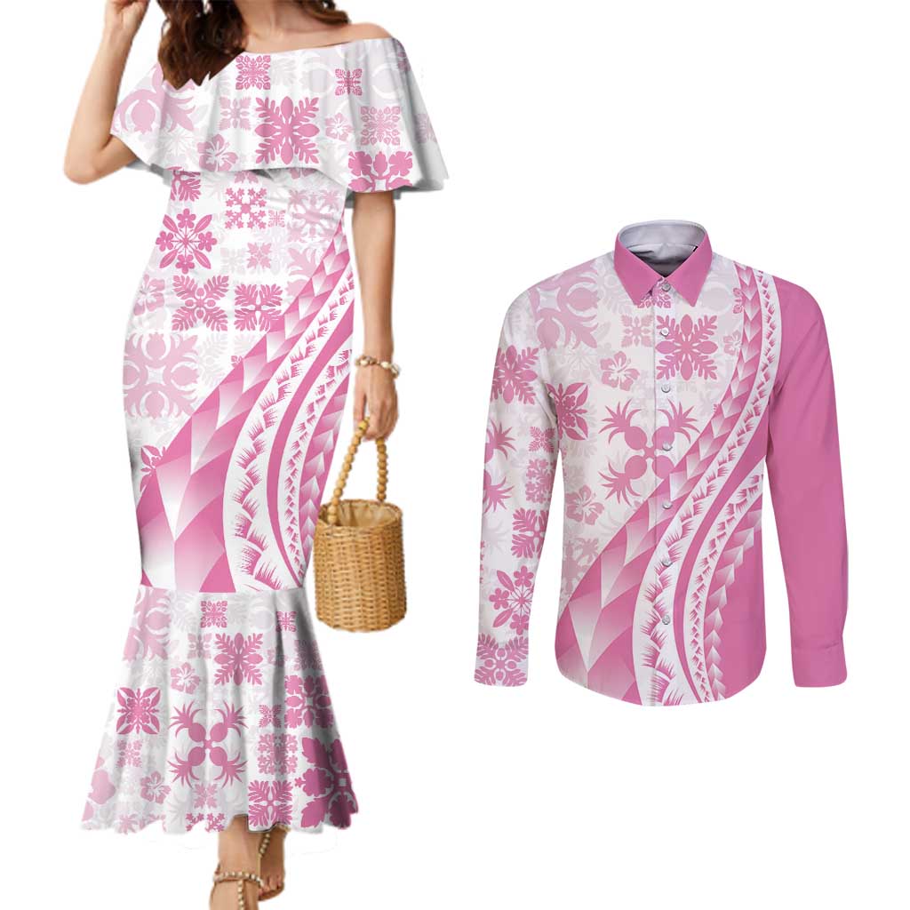 Pink Hawaiian Quilt Pattern Couples Matching Mermaid Dress and Long Sleeve Button Shirt Mixed Polynesian Tribal Arty LT9 Pink - Polynesian Pride