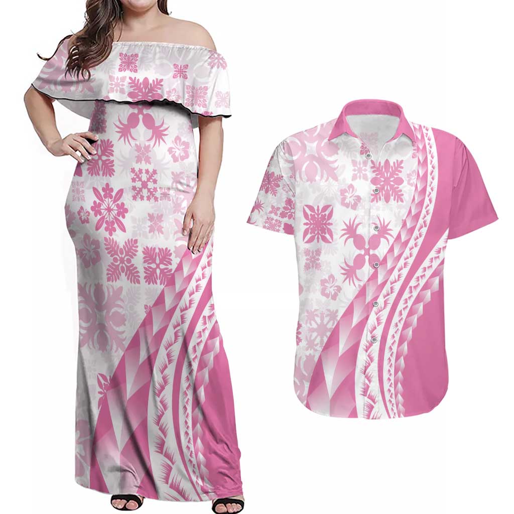 Pink Hawaiian Quilt Pattern Couples Matching Off Shoulder Maxi Dress and Hawaiian Shirt Mixed Polynesian Tribal Arty LT9 Pink - Polynesian Pride