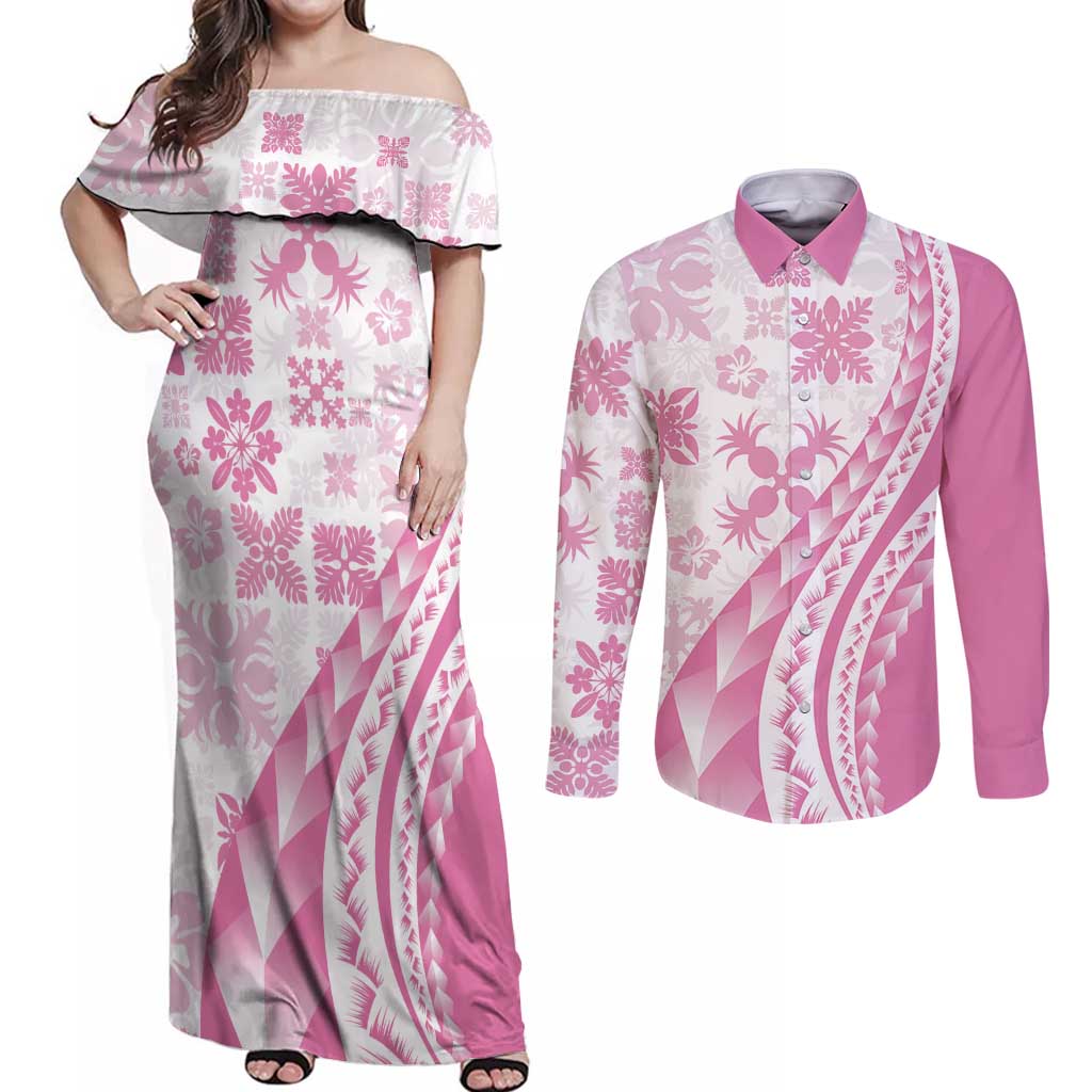 Pink Hawaiian Quilt Pattern Couples Matching Off Shoulder Maxi Dress and Long Sleeve Button Shirt Mixed Polynesian Tribal Arty LT9 Pink - Polynesian Pride