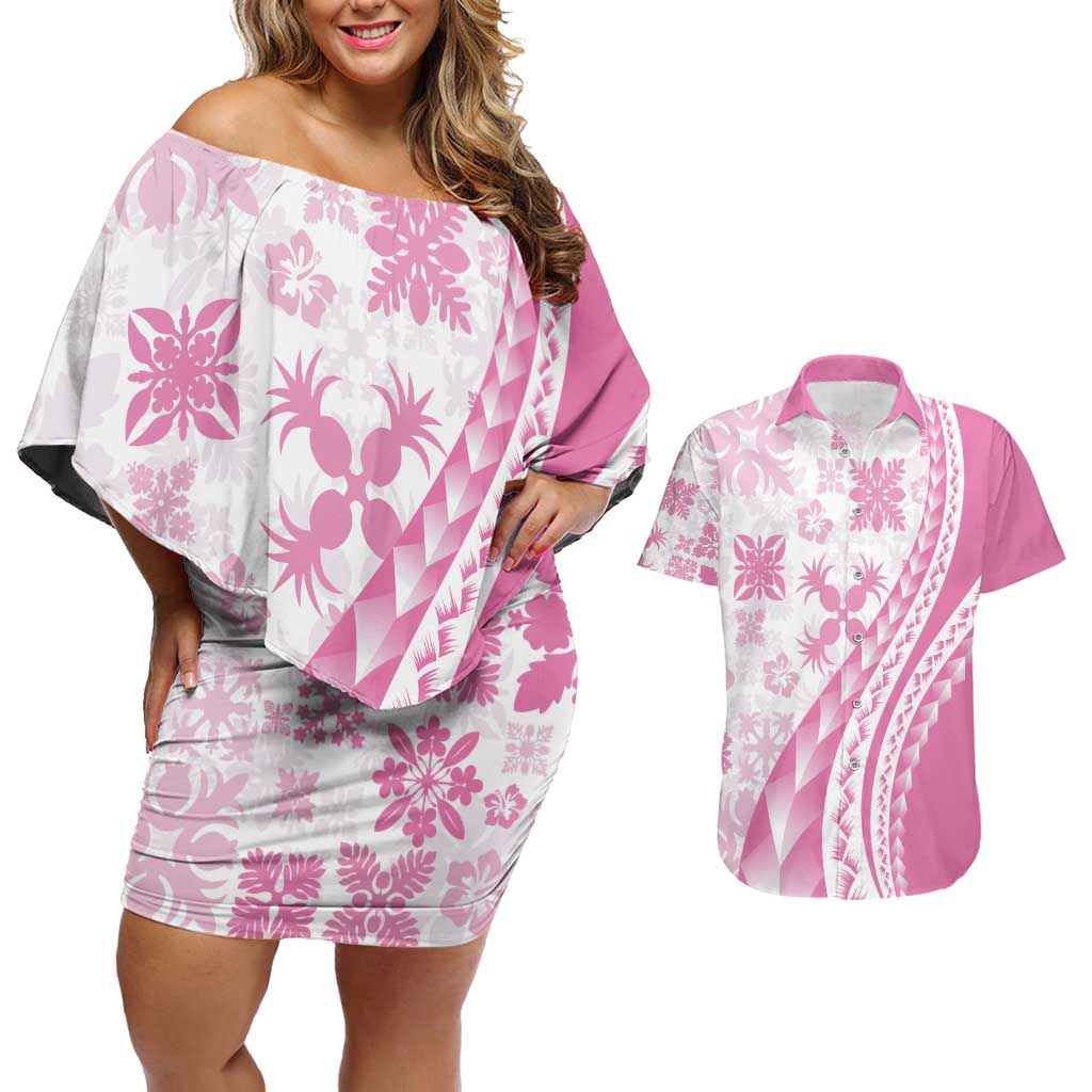 Pink Hawaiian Quilt Pattern Couples Matching Off Shoulder Short Dress and Hawaiian Shirt Mixed Polynesian Tribal Arty LT9 Pink - Polynesian Pride