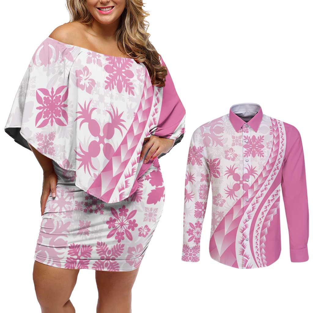 Pink Hawaiian Quilt Pattern Couples Matching Off Shoulder Short Dress and Long Sleeve Button Shirt Mixed Polynesian Tribal Arty LT9 Pink - Polynesian Pride