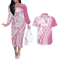 Pink Hawaiian Quilt Pattern Couples Matching Off The Shoulder Long Sleeve Dress and Hawaiian Shirt Mixed Polynesian Tribal Arty LT9 Pink - Polynesian Pride