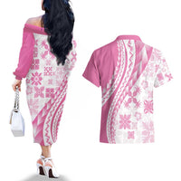 Pink Hawaiian Quilt Pattern Couples Matching Off The Shoulder Long Sleeve Dress and Hawaiian Shirt Mixed Polynesian Tribal Arty LT9 - Polynesian Pride