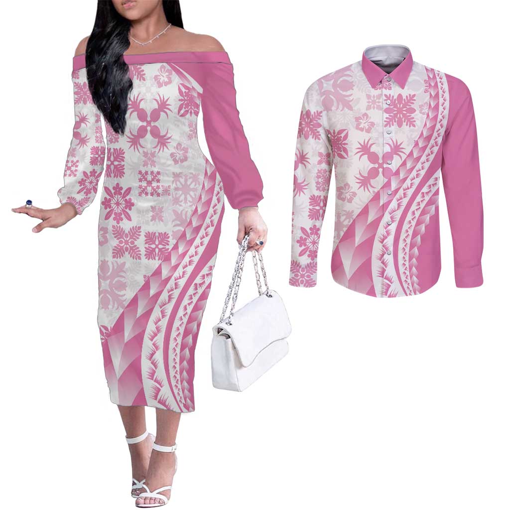 Pink Hawaiian Quilt Pattern Couples Matching Off The Shoulder Long Sleeve Dress and Long Sleeve Button Shirt Mixed Polynesian Tribal Arty LT9 Pink - Polynesian Pride