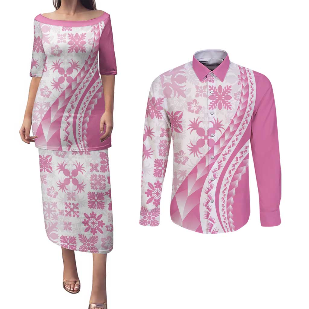 Pink Hawaiian Quilt Pattern Couples Matching Puletasi and Long Sleeve Button Shirt Mixed Polynesian Tribal Arty LT9 Pink - Polynesian Pride