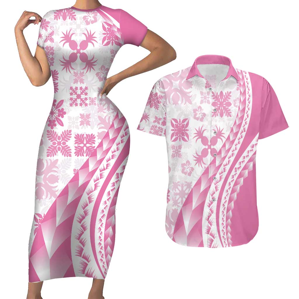 Pink Hawaiian Quilt Pattern Couples Matching Short Sleeve Bodycon Dress and Hawaiian Shirt Mixed Polynesian Tribal Arty LT9 Pink - Polynesian Pride