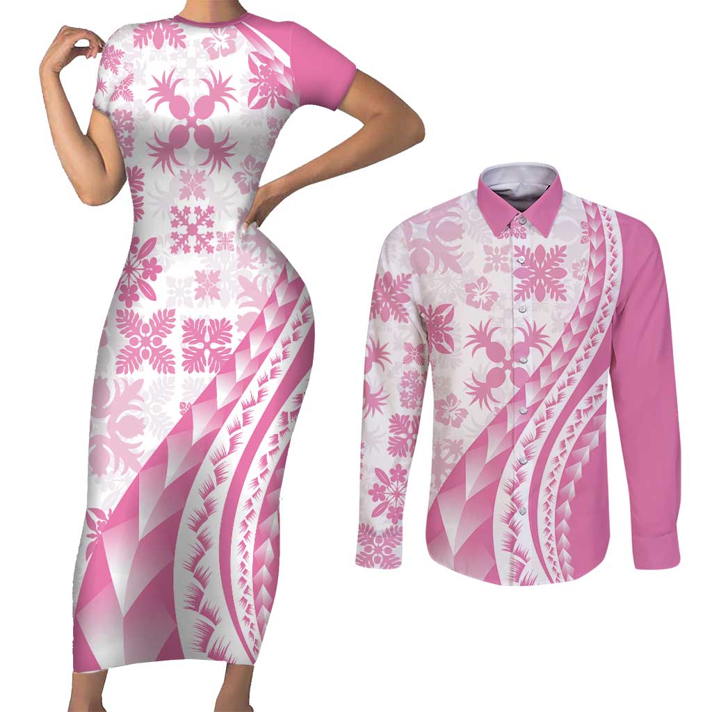 Pink Hawaiian Quilt Pattern Couples Matching Short Sleeve Bodycon Dress and Long Sleeve Button Shirt Mixed Polynesian Tribal Arty LT9 Pink - Polynesian Pride