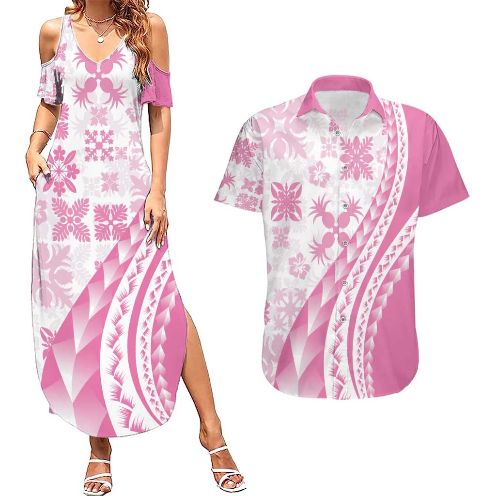 Pink Hawaiian Quilt Pattern Couples Matching Summer Maxi Dress and Hawaiian Shirt Mixed Polynesian Tribal Arty LT9 Pink - Polynesian Pride