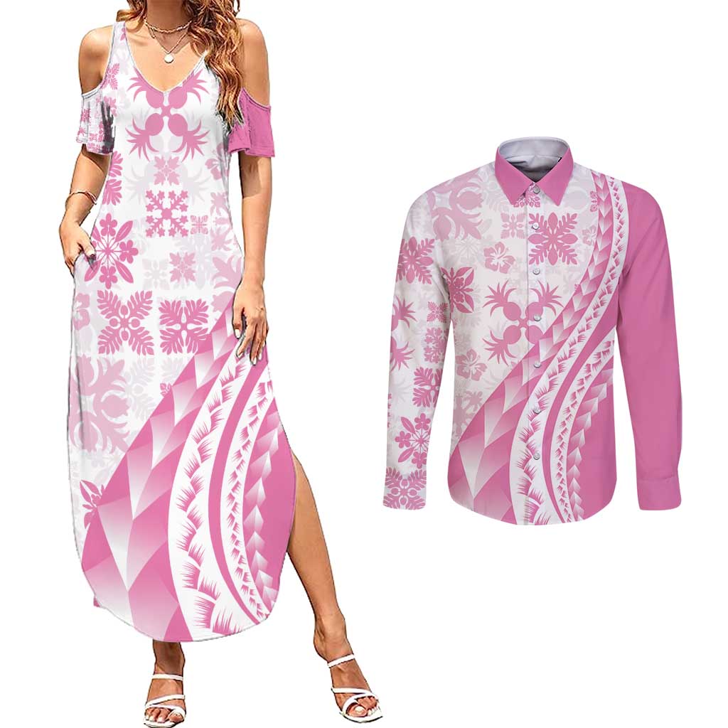Pink Hawaiian Quilt Pattern Couples Matching Summer Maxi Dress and Long Sleeve Button Shirt Mixed Polynesian Tribal Arty LT9 Pink - Polynesian Pride