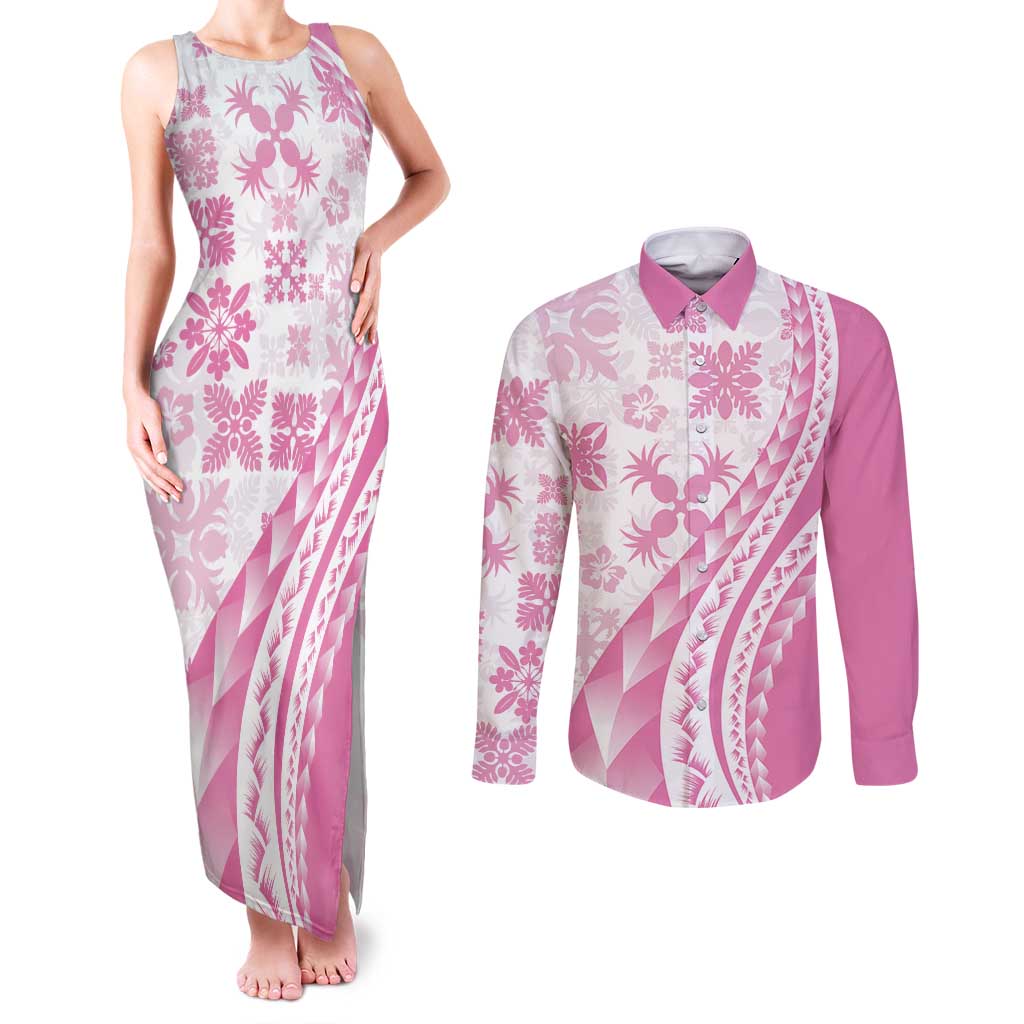 Pink Hawaiian Quilt Pattern Couples Matching Tank Maxi Dress and Long Sleeve Button Shirt Mixed Polynesian Tribal Arty LT9 Pink - Polynesian Pride