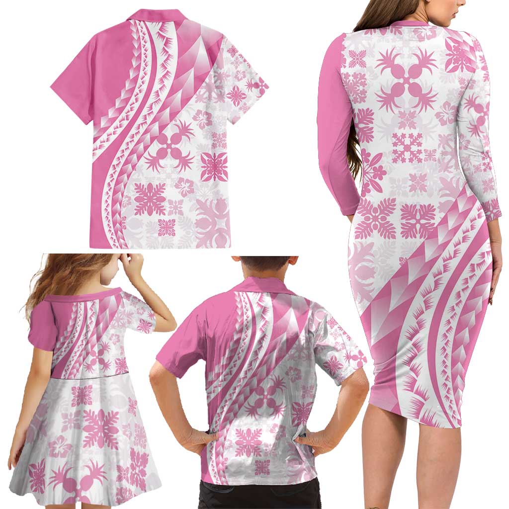 Pink Hawaiian Quilt Pattern Family Matching Long Sleeve Bodycon Dress and Hawaiian Shirt Mixed Polynesian Tribal Arty LT9 - Polynesian Pride