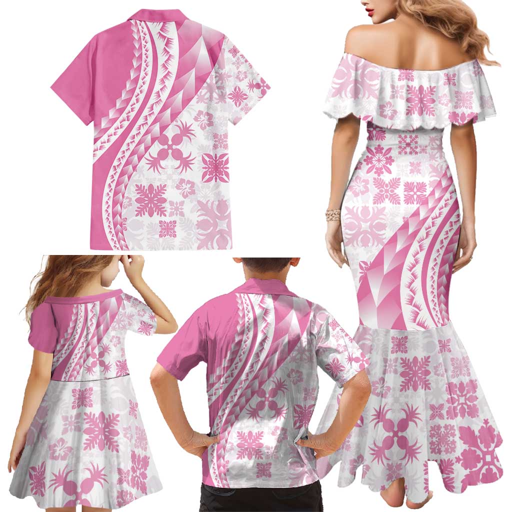 Pink Hawaiian Quilt Pattern Family Matching Mermaid Dress and Hawaiian Shirt Mixed Polynesian Tribal Arty LT9 - Polynesian Pride
