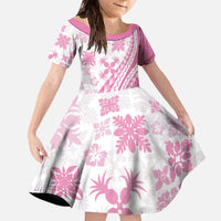 Pink Hawaiian Quilt Pattern Family Matching Off The Shoulder Long Sleeve Dress and Hawaiian Shirt Mixed Polynesian Tribal Arty LT9 Daughter's Dress Pink - Polynesian Pride
