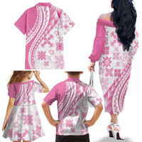 Pink Hawaiian Quilt Pattern Family Matching Off The Shoulder Long Sleeve Dress and Hawaiian Shirt Mixed Polynesian Tribal Arty LT9 - Polynesian Pride