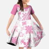 Pink Hawaiian Quilt Pattern Family Matching Off Shoulder Maxi Dress and Hawaiian Shirt Mixed Polynesian Tribal Arty LT9 Daughter's Dress Pink - Polynesian Pride